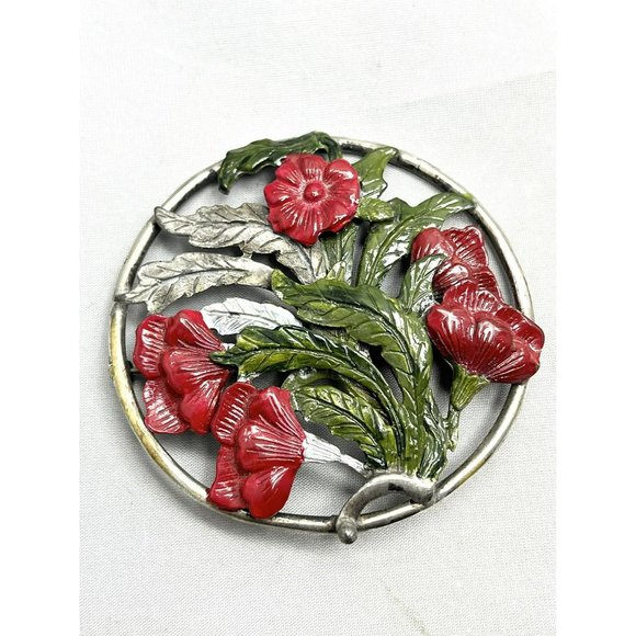 Estate Vintage Large Sterling Floral Circle Brooch Pin